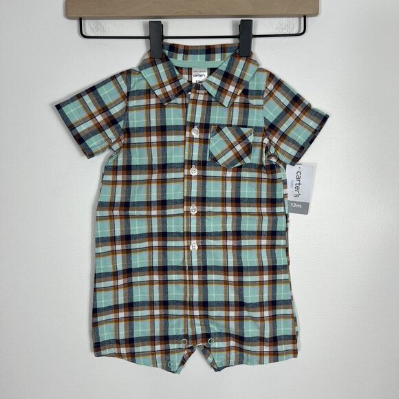 Carters Boy Button Up Romper Short Sleeves Shorts Collar Pocket Plaid 12 Months - Picture 1 of 9